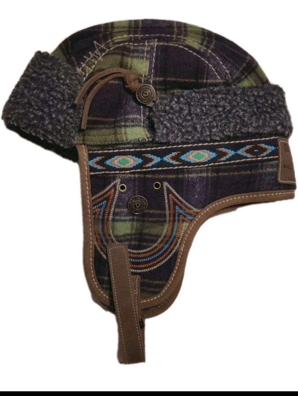 True Religion Unisex Plaid Flap Embroidered Aviator Size S/M.